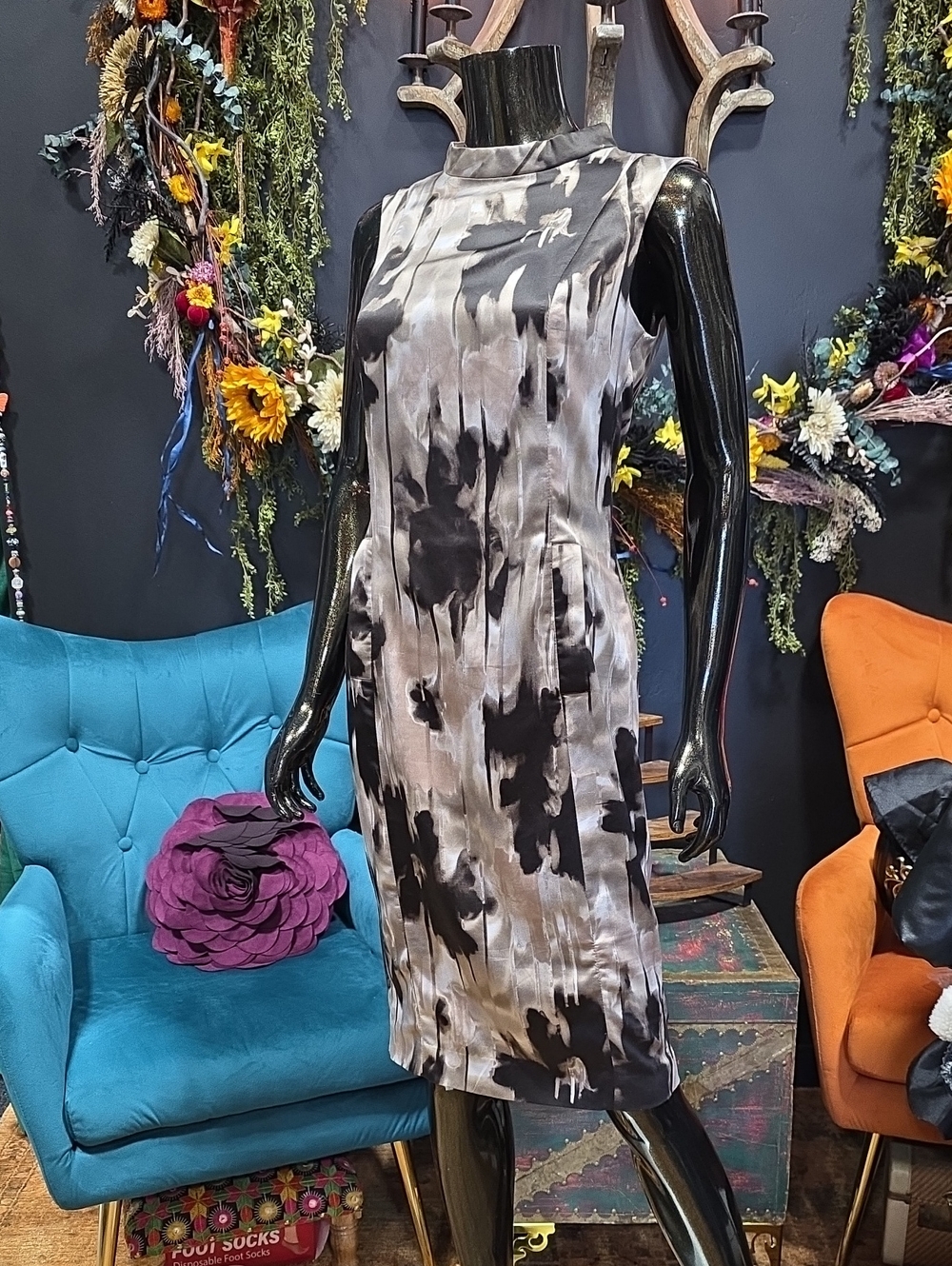 Zara Black & Gray Tie-Dye Midi Sheath Dress